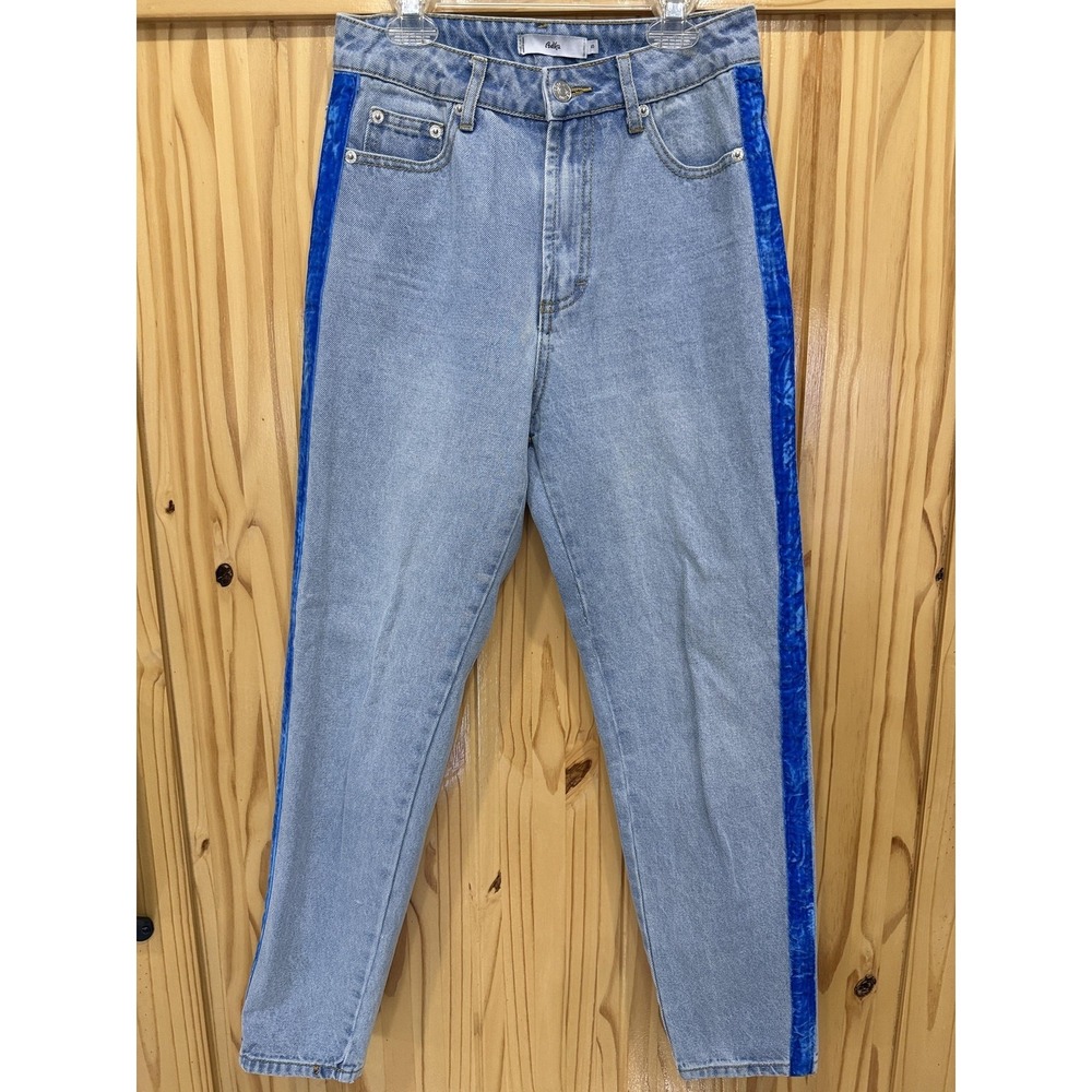 Adika Jeans Womens Small Blue Tapered High Rise Velvet Side Stripe Denim